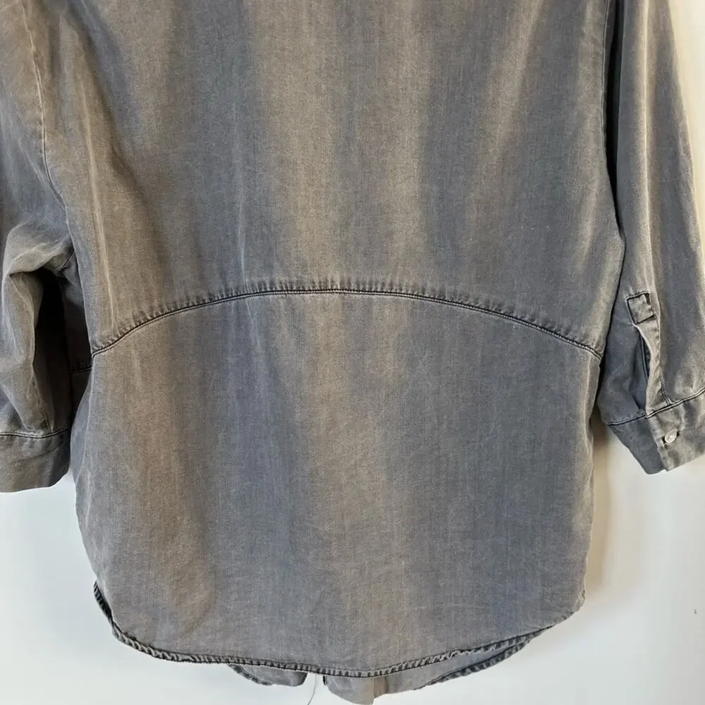 Zara Washed Charcoal Gray V-Neck Button-Tab Blouse - Picture 8 of 13
